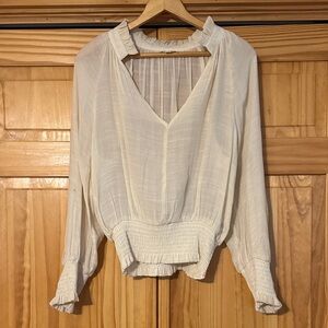 Light Cream V-Neck Ruffle Collar Smocked-Hem Blouse